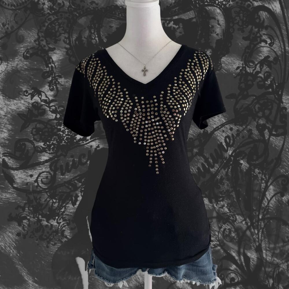 muted bronze metallic round studded black industrial grunge skinny black top
